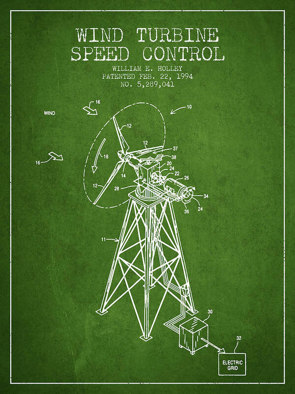 Wind Turbine Art Print featuring the digital art Wind Turbine Speed Control Patent from 1994 - Green by Aged Pixel