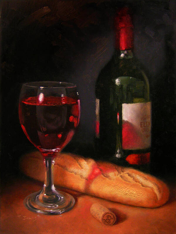 Wine Art Print featuring the painting Wine and Baguette by Timothy Jones
