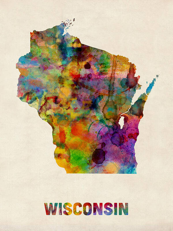 United States Map Art Print featuring the digital art Wisconsin Watercolor Map by Michael Tompsett