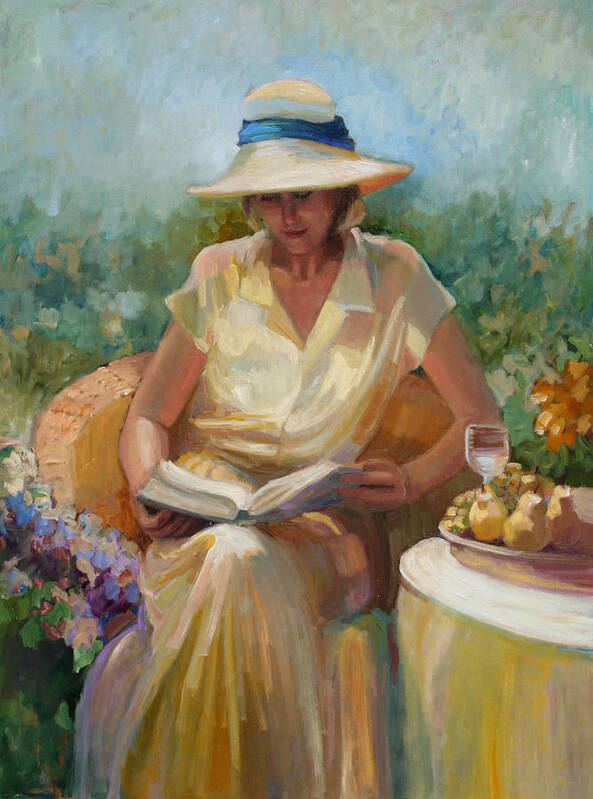 Woman Writing Art Print featuring the painting Woman in Yellow by Sally Rosenbaum