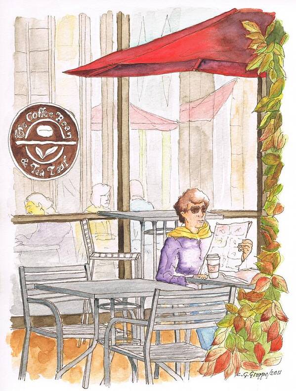 Coffee Bean Art Print featuring the painting Woman reading a newspaper in The Coffee Bean, Riverside, California by Carlos G Groppa