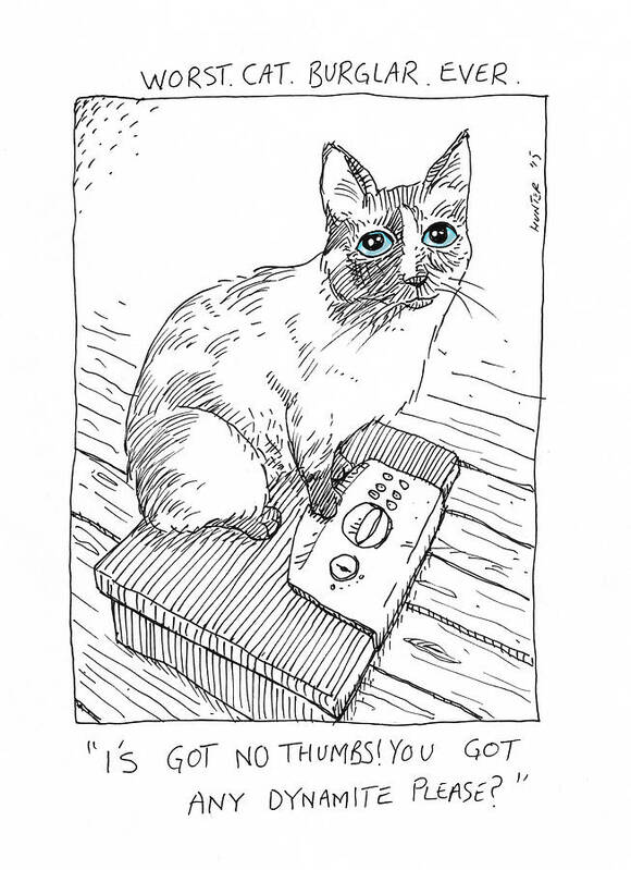 Cat Kitten Kitty Kittens Cats Humor Cartoon Ink Illustration Cartoons Art Print featuring the painting Worst Cat Burglar Ever by Steve Hunter