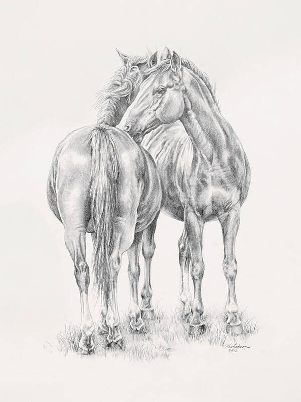 Horses Art Print featuring the drawing You Scratch My Back I'll Scratch Yours by Kim Lockman