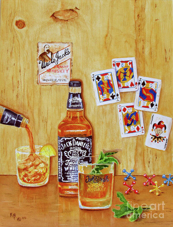 Liquor Art Print featuring the painting Too Many Jacks #1 by Karen Fleschler