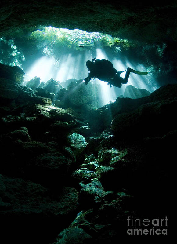 Cave Art Print featuring the photograph A Cavern Diver Enters The Taj Mahal by Karen Doody