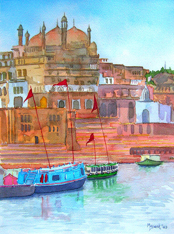 India Art Print featuring the painting Arangzeb Mosque on the Ganga by Mayank M M Reid