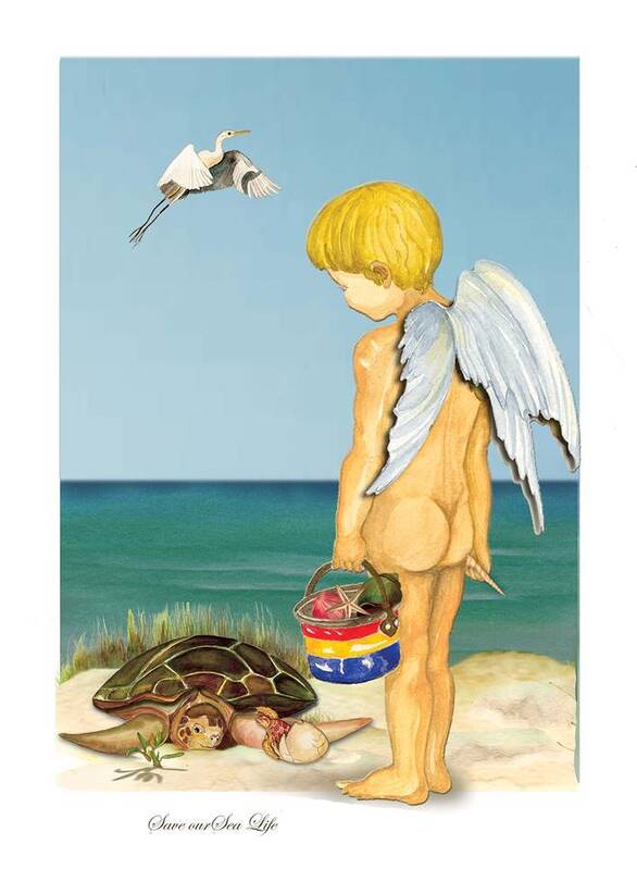 Cherub Art Print featuring the painting Cherub Saving Turtle by Anne Beverley-Stamps