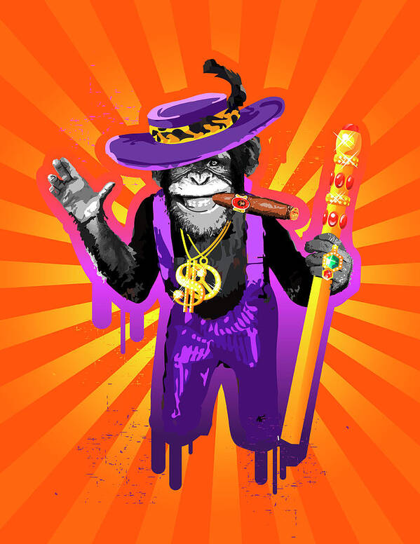 Vertical Art Print featuring the digital art Chimpanzee In Pimp Costume, Smoking Cigar by New Vision Technologies Inc