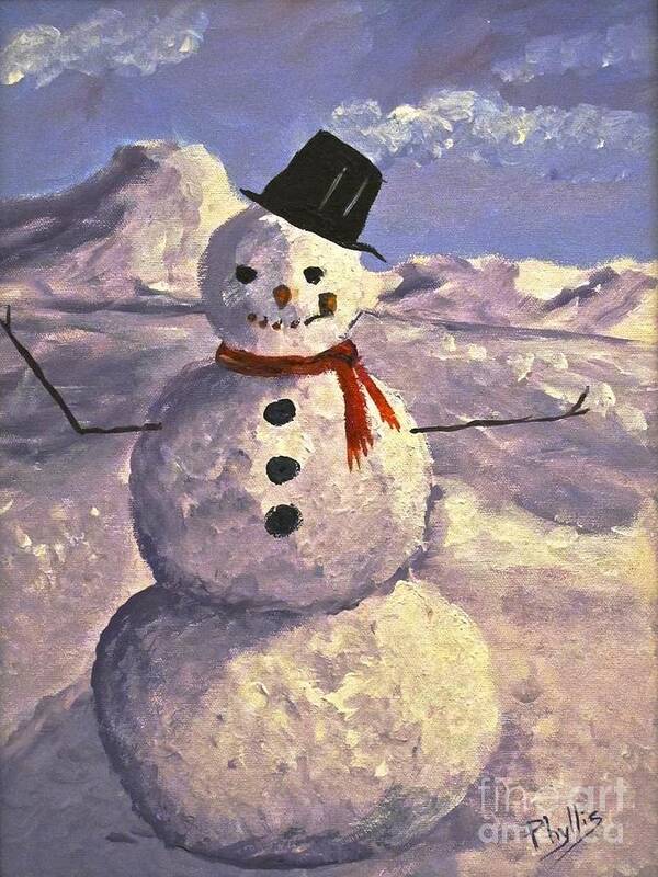 Snow Art Print featuring the painting Christmas Snowman by Phyllis Kaltenbach