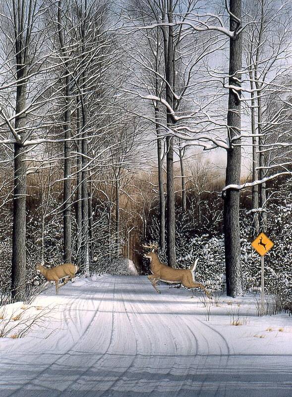 Wooded Landscape Art Print featuring the painting Deer Crossing by Conrad Mieschke