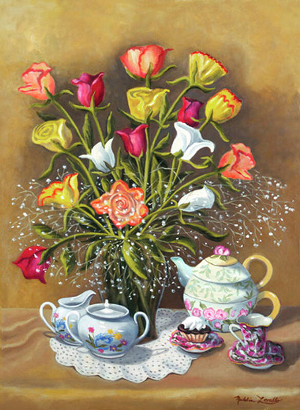 Floral Art Print featuring the painting Floral With China And Ceramics by Madeline Lovallo