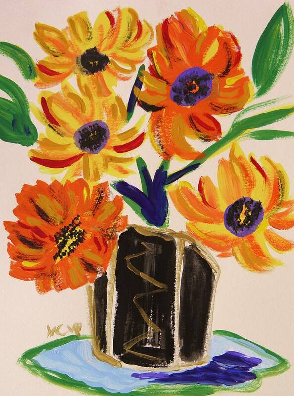 Vase Art Print featuring the painting Gold and Black Vase by Mary Carol Williams