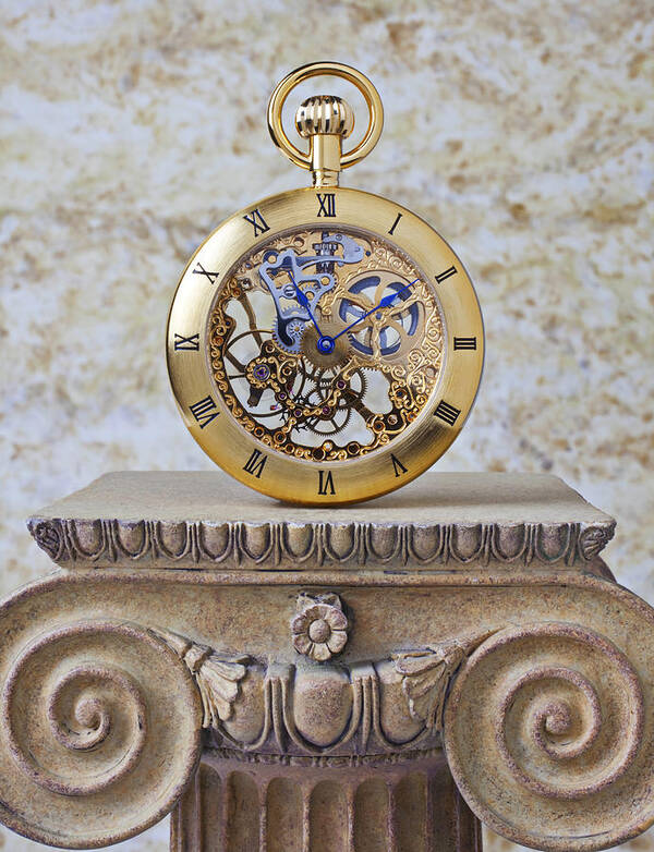 Gold Skeleton Pocket Watch Pedestal Art Print featuring the photograph Gold skeleton pocket watch by Garry Gay