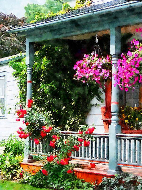 Hanging Baskets Art Print featuring the photograph Hanging Baskets and Climbing Roses by Susan Savad