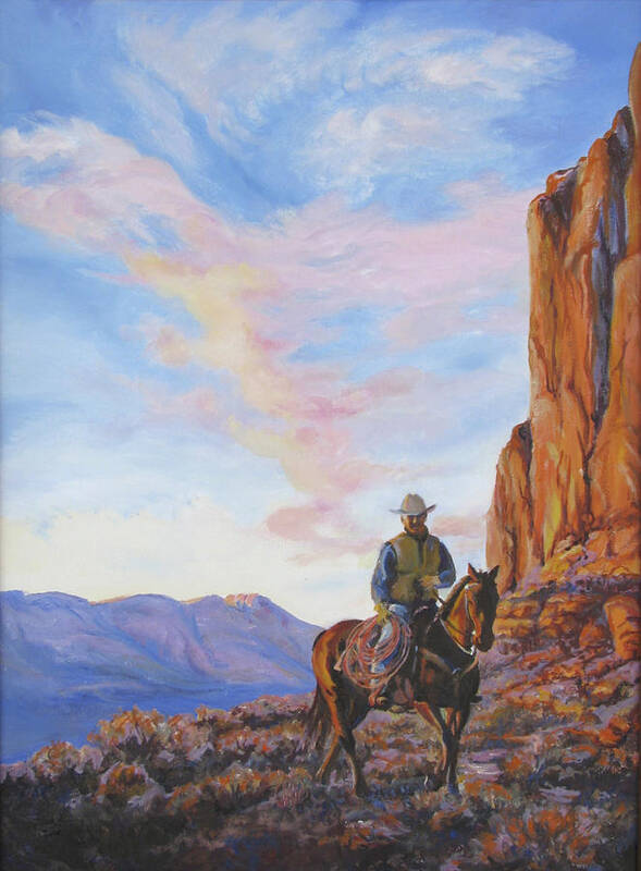 Rider Art Print featuring the painting Last Light With a Mile to Go by Page Holland