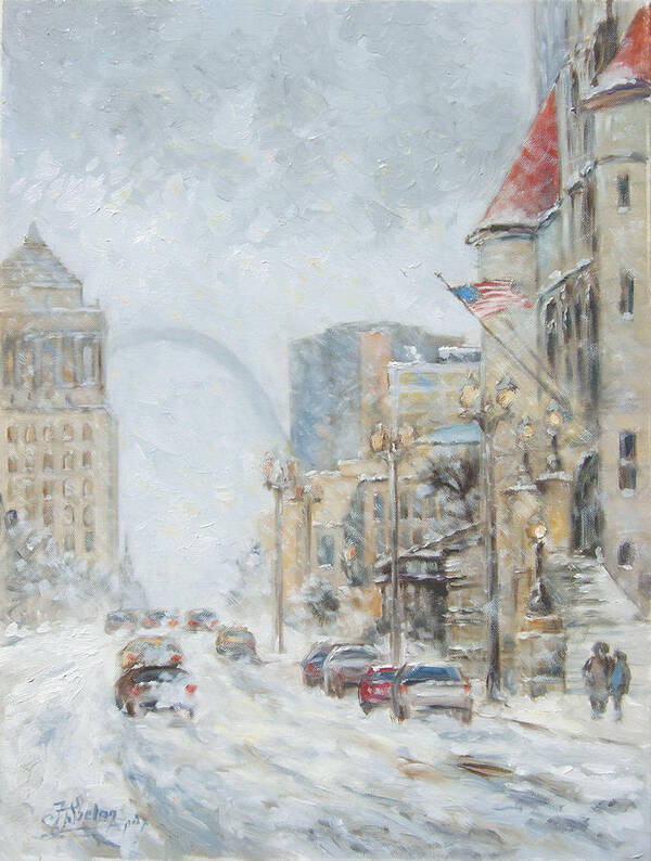 St.louis Art Print featuring the painting Market Street in winter in St.Louis by Irek Szelag