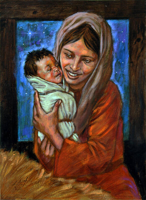 Mary Art Print featuring the painting Mary and Jesus by John Lautermilch