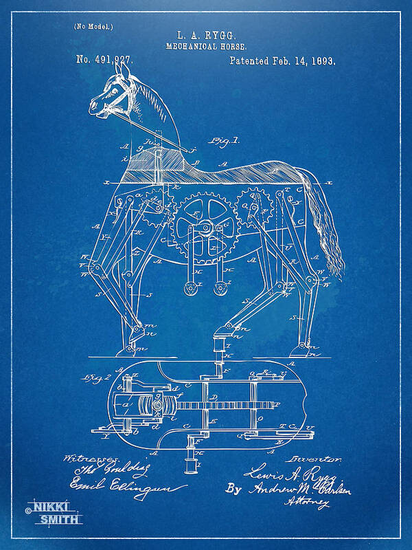 Bicycle Art Print featuring the digital art Mechanical Horse Toy Patent Artwork 1893 by Nikki Marie Smith