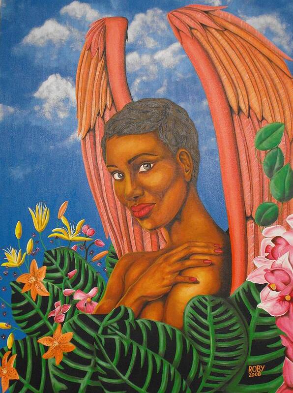African American Female Angel In Colorful Tropical Setting Art Print featuring the painting Paradise by William Roby