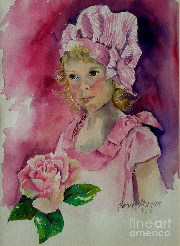 Girl With Flower Art Print featuring the painting Pink Girl by Genie Morgan