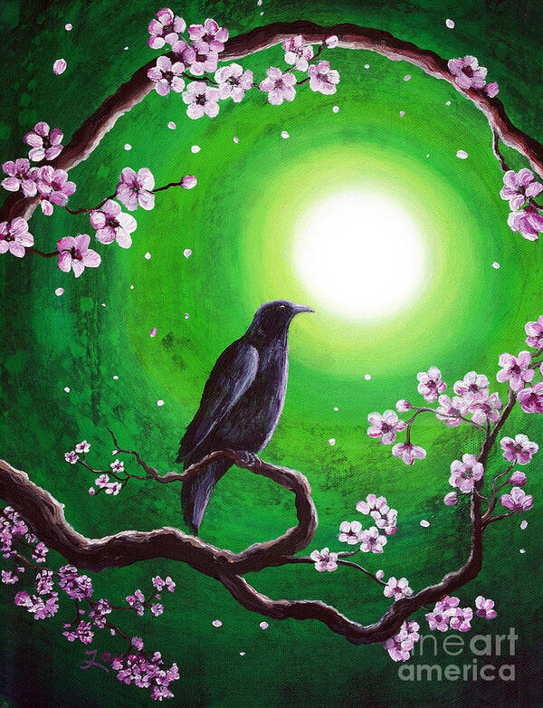 Zen Art Print featuring the painting Raven on a Spring Night by Laura Iverson