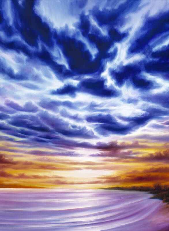 Sunrise; Sunset; Power; Glory; Cloudscape; Skyscape; Purple; Red; Blue; Stunning; Landscape; James C. Hill; James Christopher Hill; Jameshillgallery.com; Ocean; Lakes; Sky; Contemporary; Yellow; Ocean; River; Water Art Print featuring the painting Rise by James Hill