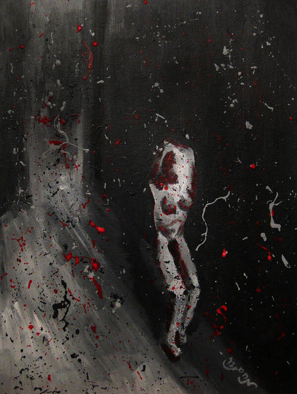 Splattered Art Print featuring the painting Splattered Nude Young Female in Gritty City Alley in Black and White and Red by M Zimmerman
