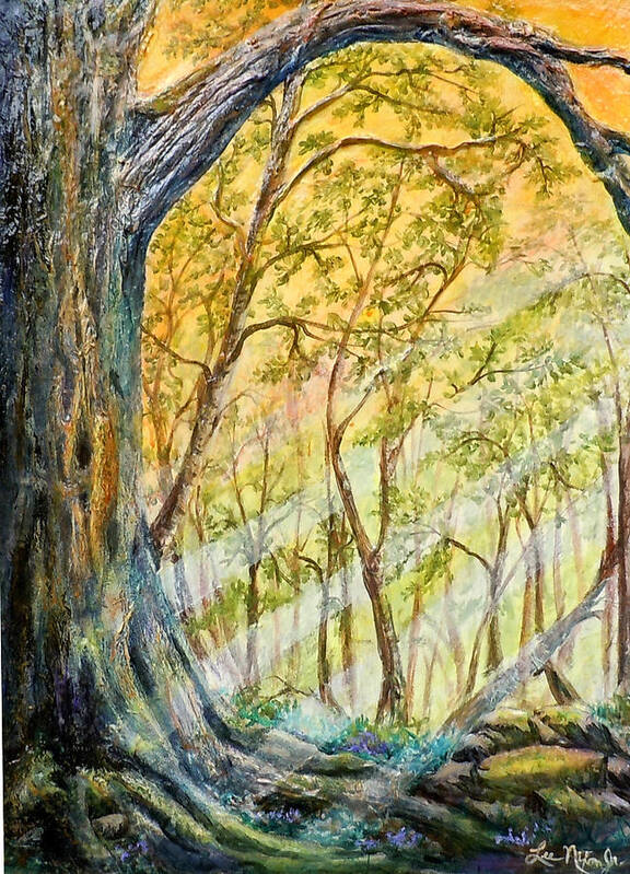 Forest Art Print featuring the painting Sunlit Forest by Lee Nixon
