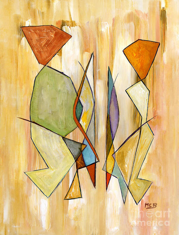 Abstract Art Art Print featuring the painting Modern Art Beige Orange Green Abstract Color Blocks Barcelonian Couple by Marie Christine Belkadi