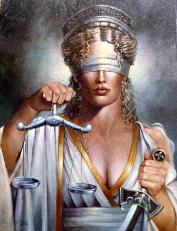 Lady Justice Art Print featuring the painting The Sword and Scales of Justice by Geraldine Arata