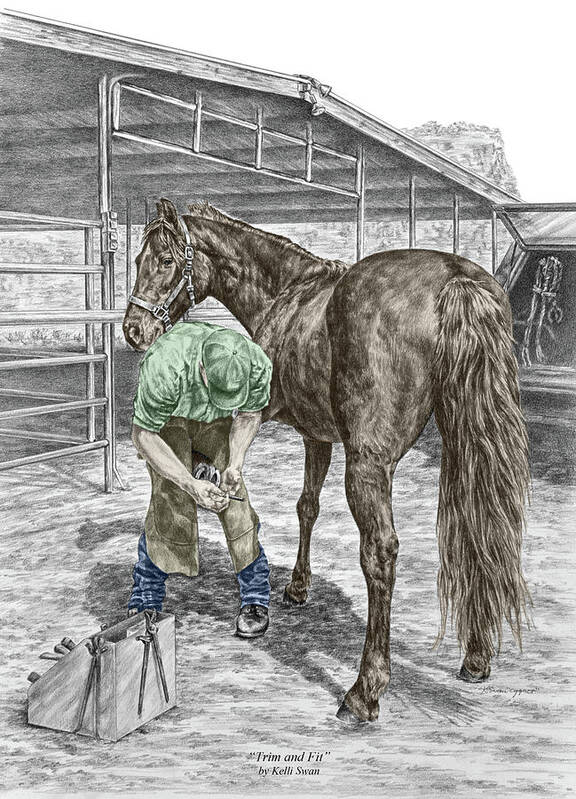 Farrier Art Print featuring the drawing Trim and Fit - Farrier and Horse Print Color Tinted by Kelli Swan