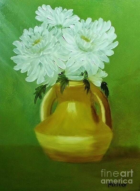 Gold Vase Art Print featuring the painting White Mums in gold vase by Peggy Miller