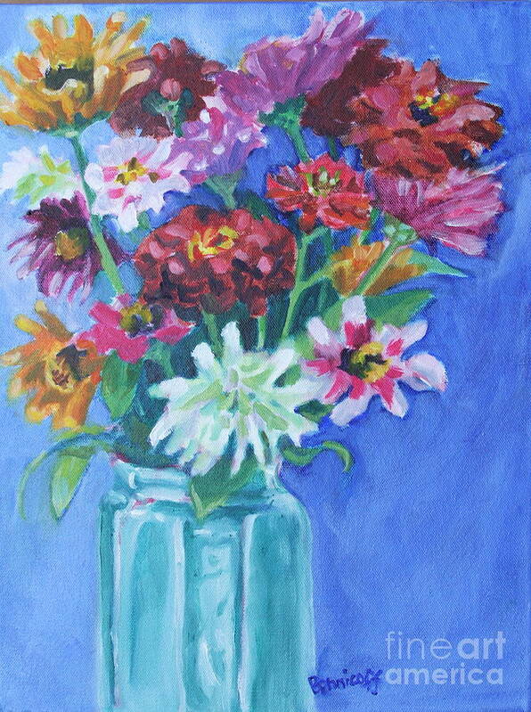 Zinnias Art Print featuring the painting Zinnias from My Garden Two by Jan Bennicoff