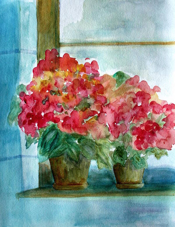 Flowers Art Print featuring the painting Another Windowsill of Geraniums by Julie Lueders 