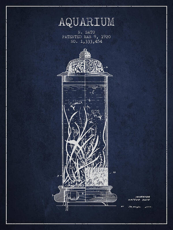 Fish Bowl Art Print featuring the digital art 1902 Aquarium Patent - Navy Blue by Aged Pixel