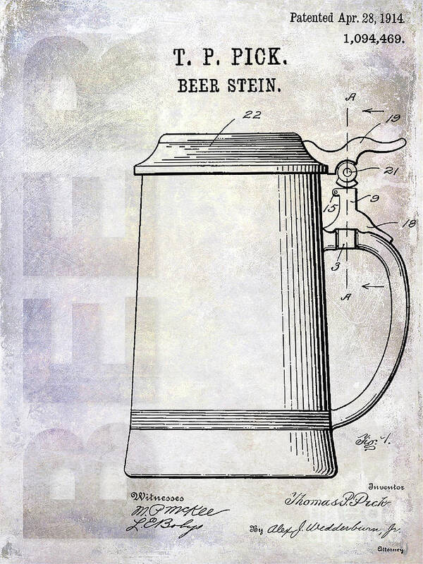 Beer Art Print featuring the photograph 1914 Beer Stein Patent #2 by Jon Neidert