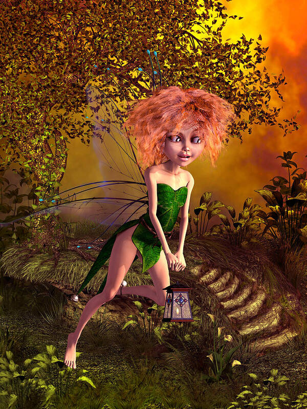 Fairy In The Woods Art Print featuring the digital art Fairy in the woods #1 by John Junek