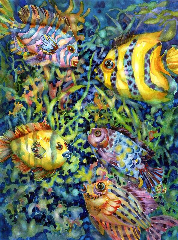 Watercolor Art Print featuring the painting Fish Tales IV #1 by Ann Nicholson