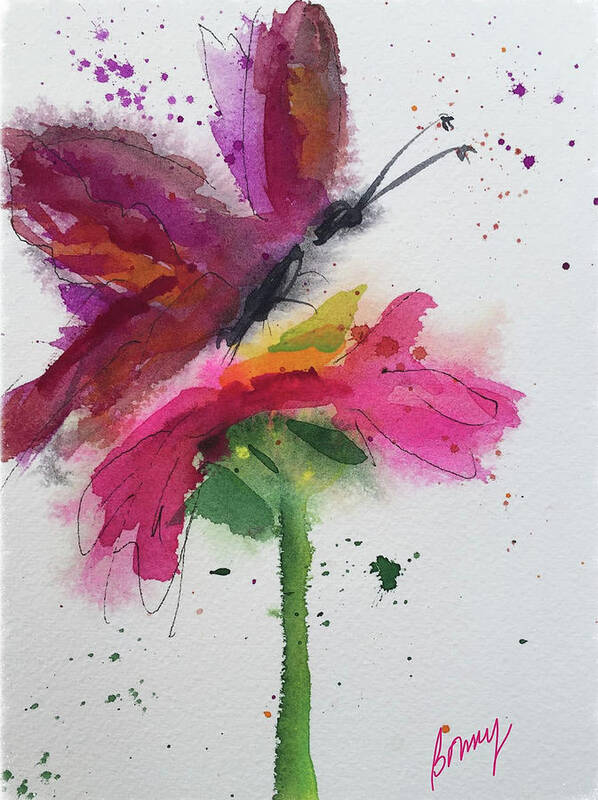 Watercolor Flower Art Print featuring the painting Flutter and Flower #1 by Bonny Butler