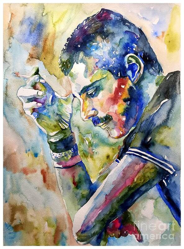 Freddie Art Print featuring the painting Freddie Mercury watercolor by Suzann Sines