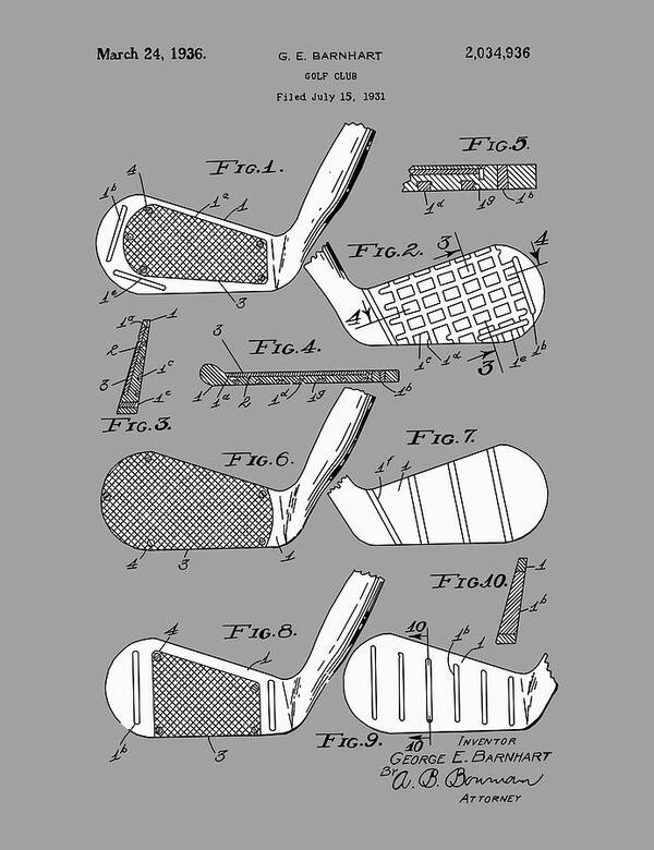 Golf Art Print featuring the digital art Golf Club Patent Drawing Grey 3 #1 by Bekim M