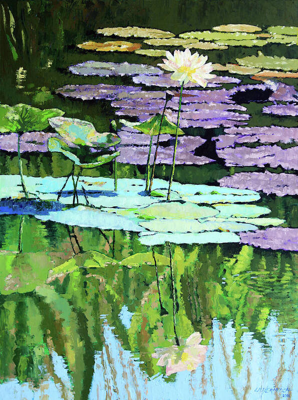 Lotus Art Print featuring the painting Lotus Reflections #1 by John Lautermilch