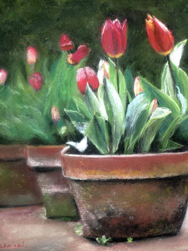 Tulips Art Print featuring the painting Potted Tulips #1 by Cindy Plutnicki