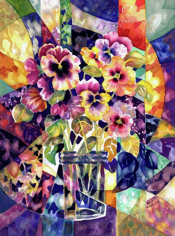 Watercolor Art Print featuring the painting Stained Glass Pansies #1 by Ann Nicholson