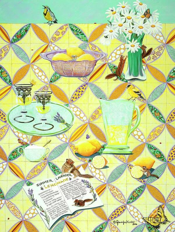 Summer|yellow|quilt|sewing|daisies|chipmunks|meadowlark|patio|porch|yellow|green|goldfinch|birds|butterflies|lemonade|lavender|lemons|recipe|kitchen| Art Print featuring the painting Summer Lavender Lemonade by Jennifer Lake