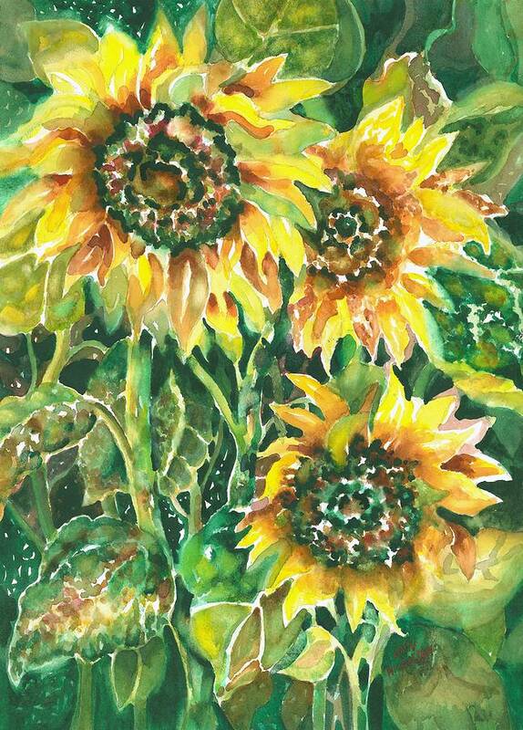 Sunflowers Art Print featuring the painting Three's A Crowd #1 by Ann Nicholson
