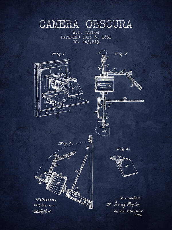 Camera Art Print featuring the digital art 1881 Camera Obscura Patent - Navy Blue - NB by Aged Pixel