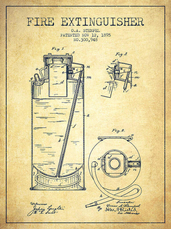 Patent Art Print featuring the digital art 1885 Fire Extinguisher Patent - Vintage by Aged Pixel