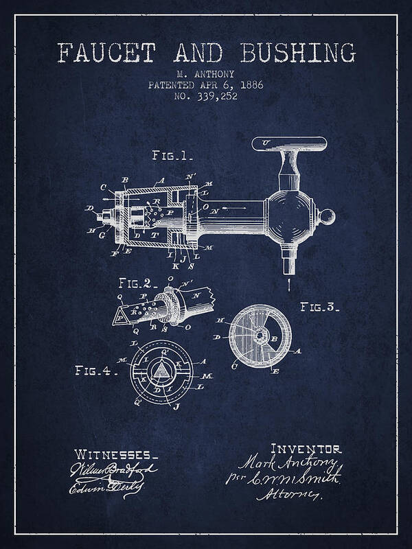 Beer Art Print featuring the digital art 1886 Faucet and bushing Patent - Navy Blue by Aged Pixel