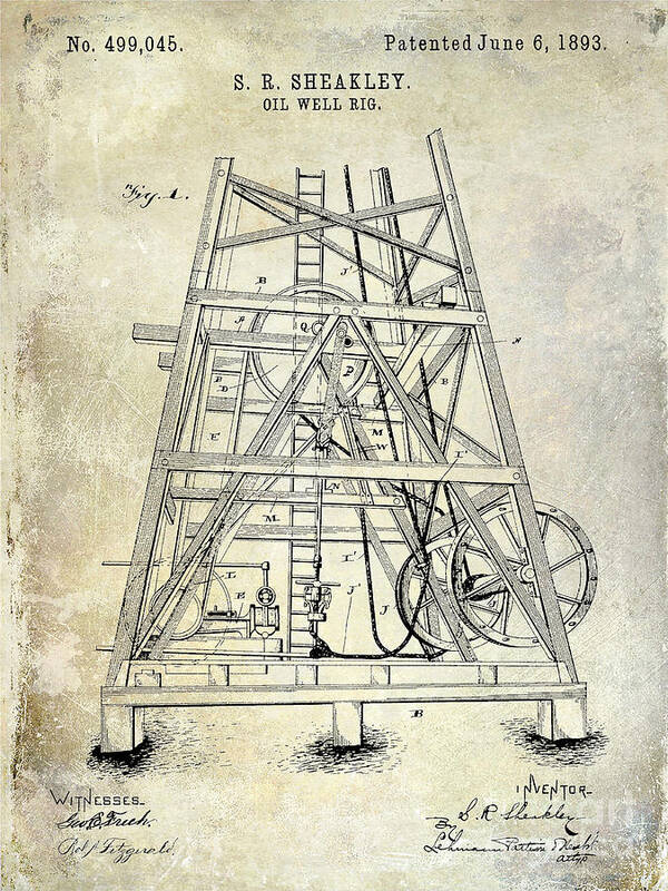1893 Oil Well Rig Patent Art Print featuring the photograph 1893 Oil Well Rig Patent by Jon Neidert